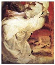 Detail of a Rubens painting with arrows marking the brown underpainting showing through