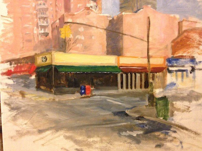 Stage one: a loose block-in of the street scene, large shapes only