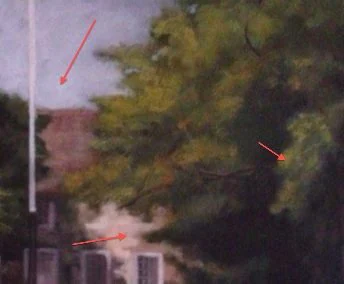 Detail of the landscape with red arrows pointing to the lightest, thickest passages