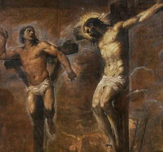An unfinished Titian painting showing figures built up from a brown toned canvas