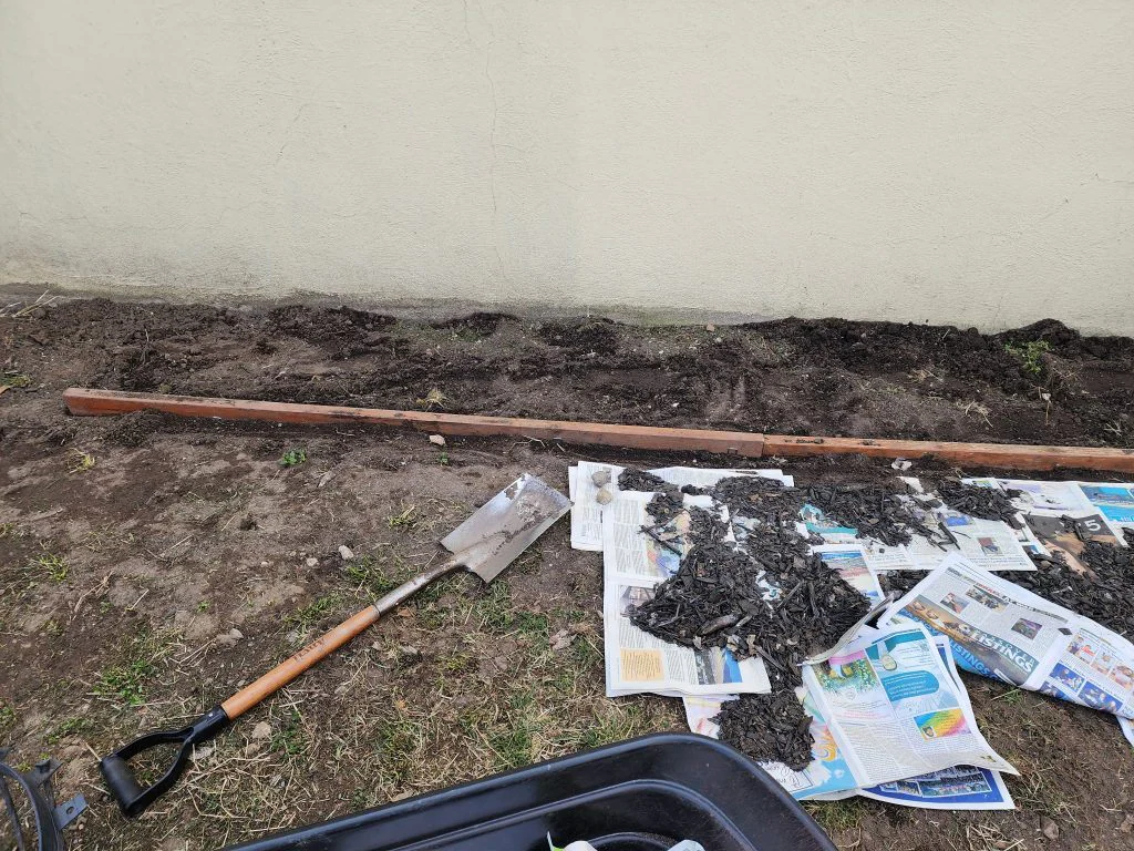 Wood border on one side of the path and a brick edge on the other