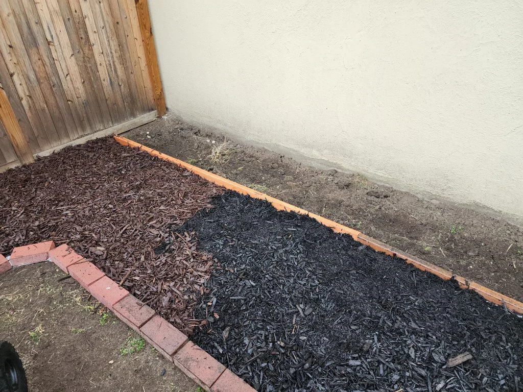 Wood chips being poured over newspaper along the new path
