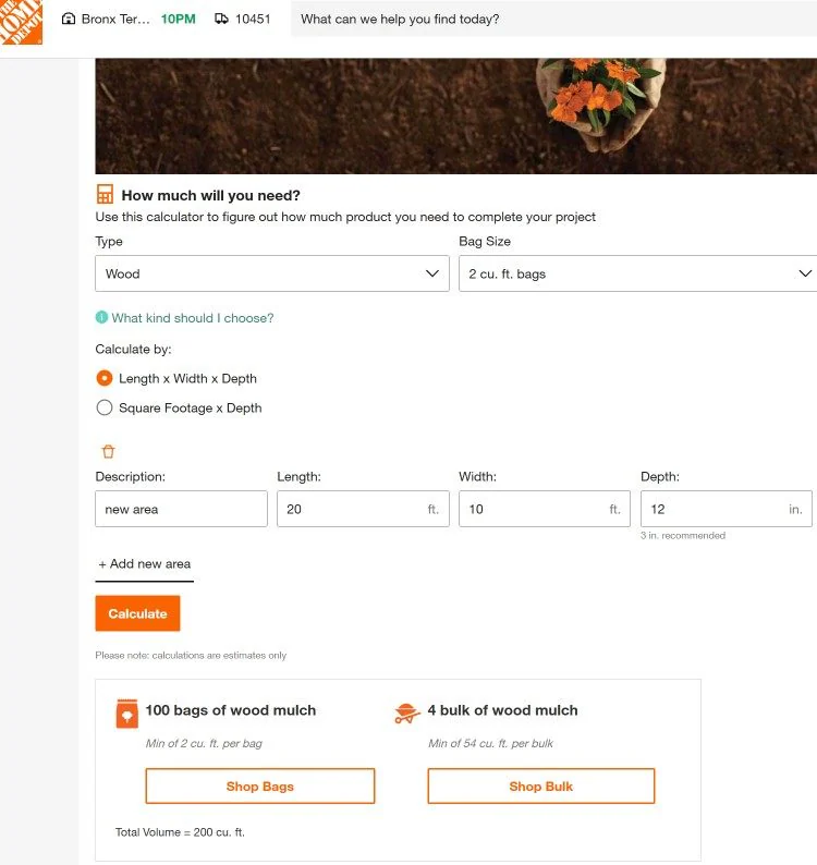 Home Depot mulch calculator showing about 100 bags needed for a 20x10 foot bed at 12 inches deep