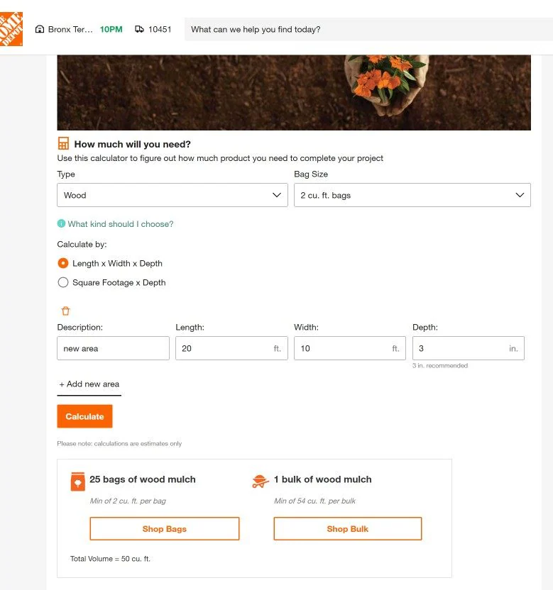 Home Depot mulch calculator showing about 25 bags needed for the same bed at 3 inches deep